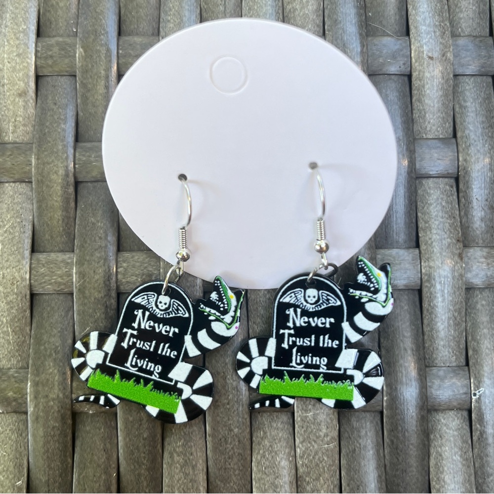 ❌SOLD❌Beetlejuice Never Trust The Living Tombstone Earrings